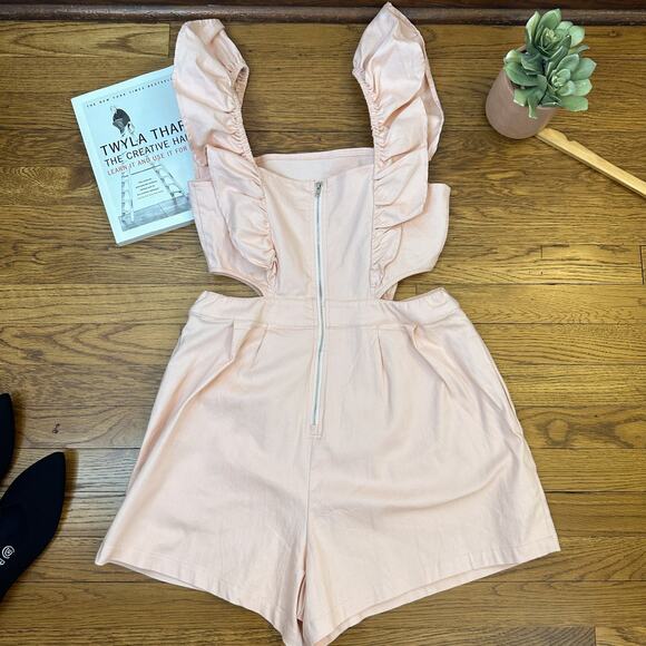 Anthropologie Mable Light Pink Cutout Ruffle Front Romper - Picture 4 of 7
